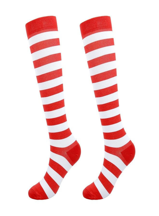 Junely Compression Socks for Women Striped Knee High Stockings for Christmas Halloween Running Athletic Nurses Pregnant Women Work Support Travel Flight Sports Gifts Red White - Image 1